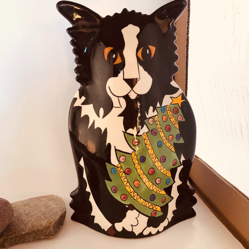 Cats by Nina Lyman Vase Black Cat Christmas Tree Ceramic 10"